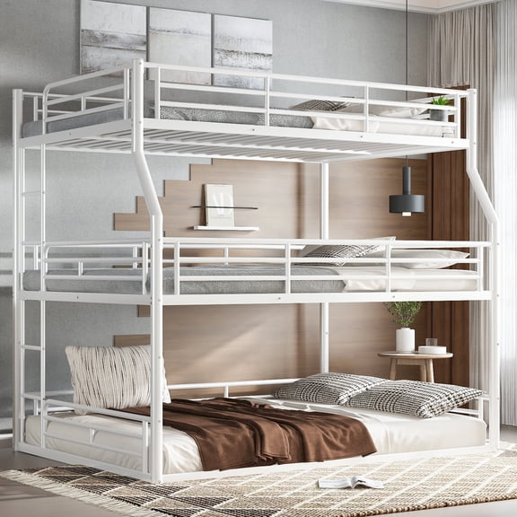 Space Saving Triple Bunk Bed for Room, Full XL over Queen over Queen Metal Bunk Bed with Safety Guardrails and Noise-Reduced Design, White Frame