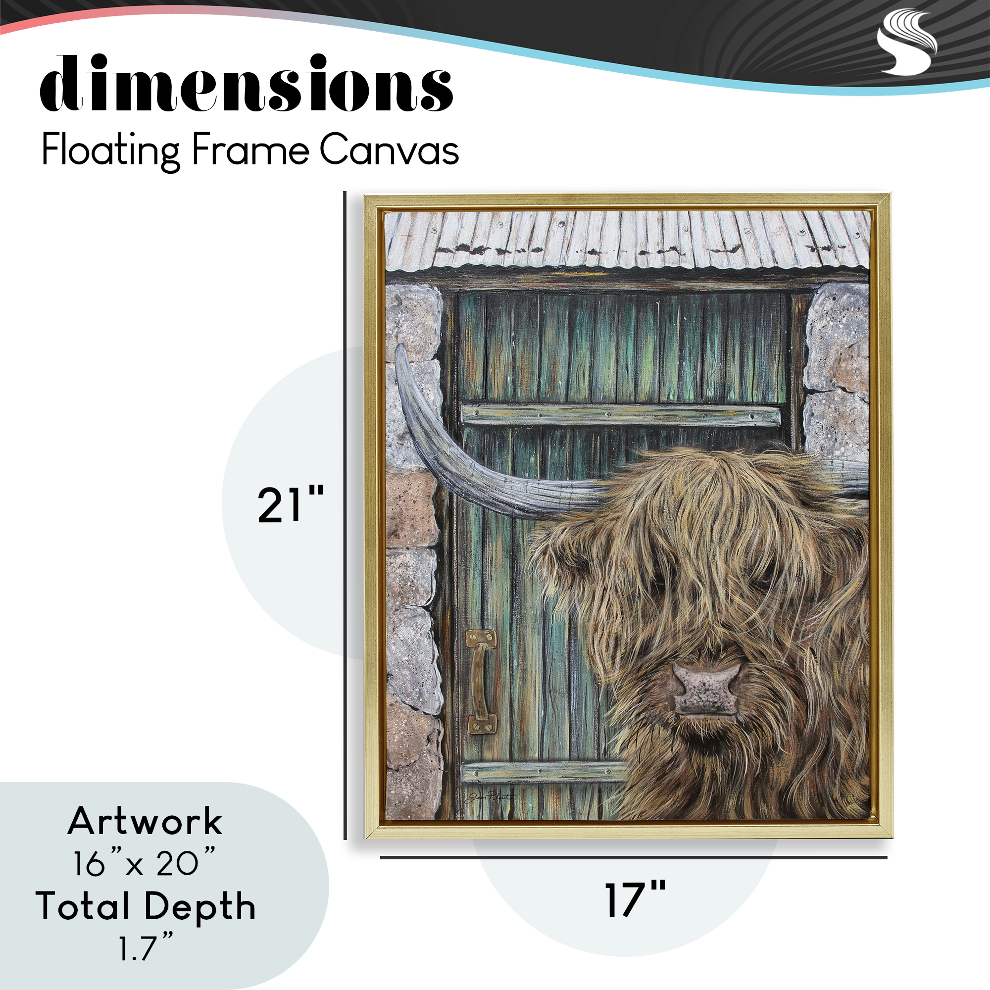 Highland Cow by Barn Door Gold Framed Floater Canvas Wall Art, design by Jean Plout