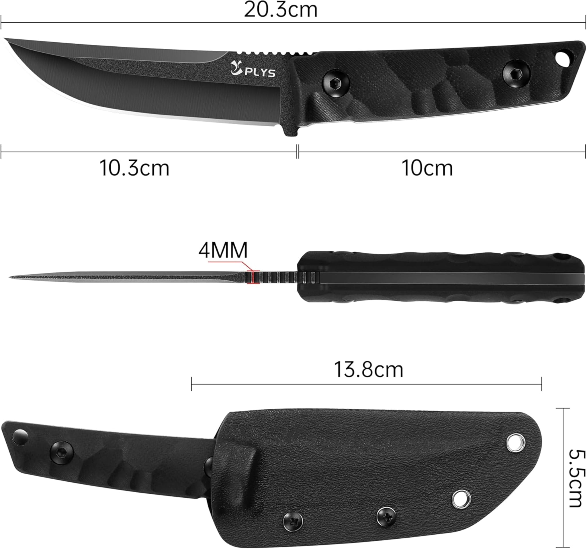 Plys 3.8 inch Fixed Blade Camping Knife, Full Tang Outdoor Tactical Knives with Kydex Sheath, Hunting Hiking Essentials Gear