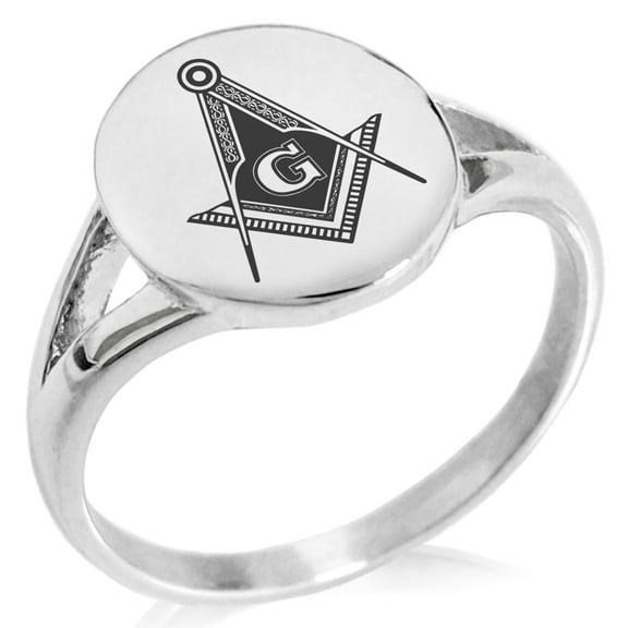 Stainless Steel Freemasons Masonic Royal Compass Minimalist Oval Top Polished Statement Signet Ring