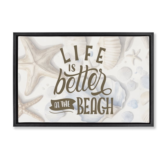 Stupell Industries Coastal Better At Beach Seashells Black Floating Frame Canvas Art, 25 x 17, by Kim Allen