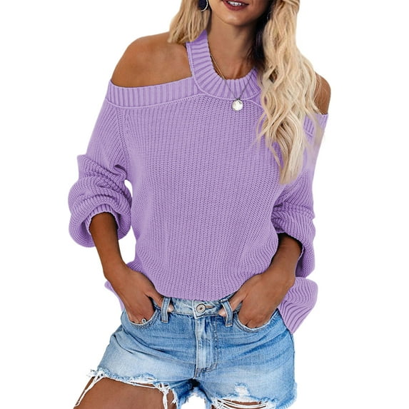 Asyoly Womens Cold Shoulder Halter Neck Sweater Long Sleeve Sexy Loose Knit Pullover Backless Jumper Solid Color Tops
