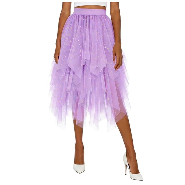 DAFEI Women Short Skirt Loose Sequin Skirt A-Line Fairy Patterned Elastic Waist Ruffle Layered Midi Skirt