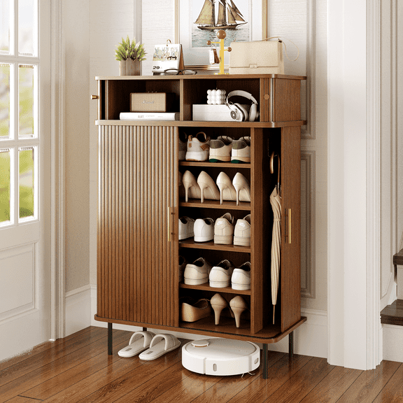 NYBOPAVIS Shoe Storage Cabinet For Entryway, 7-Tier Shoe Cabinet with Sliding Door, Storage Organizer with Adjustable Shelves, Freestanding Shoe Rack for Entryway, Walnut
