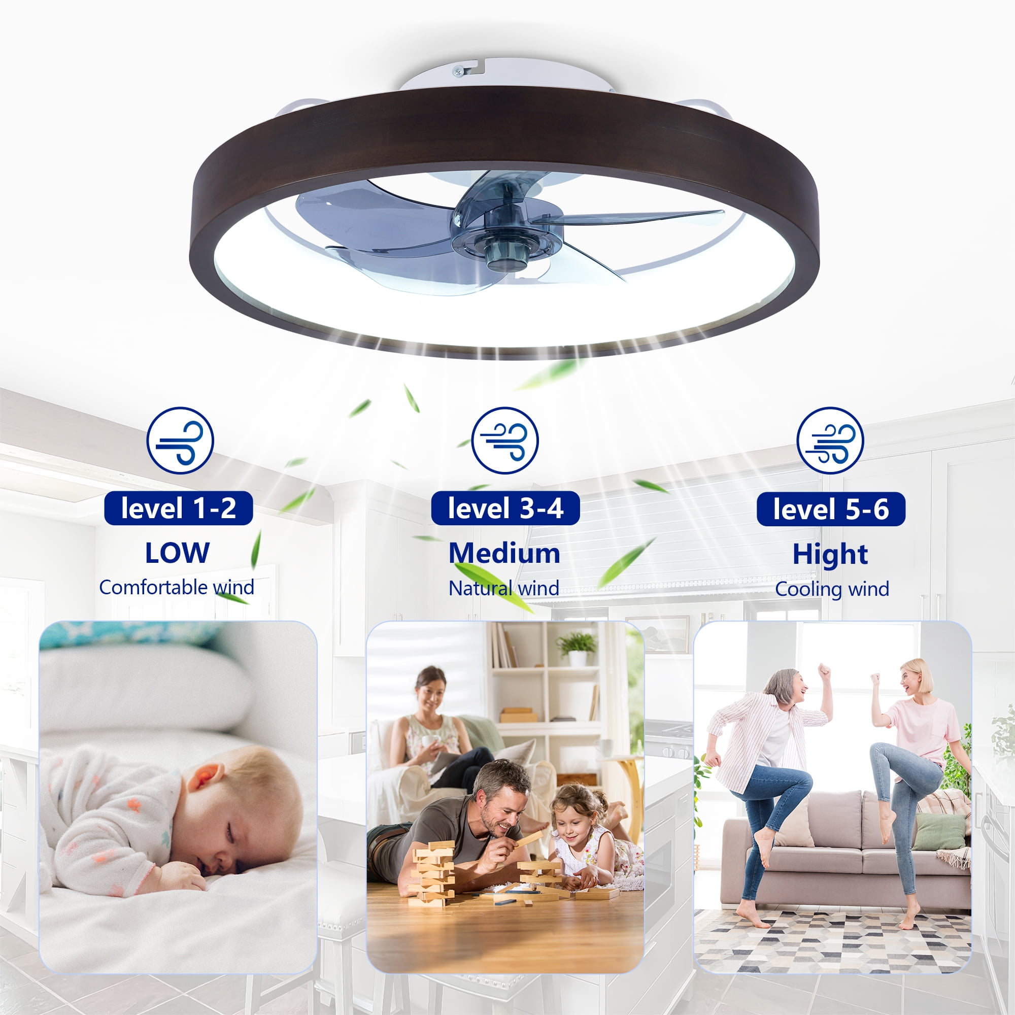 Leumius 20" Ceiling Fans with Light and Remote, 3000-6500K Dimmable Modern Flush Mount LED Fan Light, 6 Speeds, Quiet DC Motor for Living Room Bedroom Kitchen Black