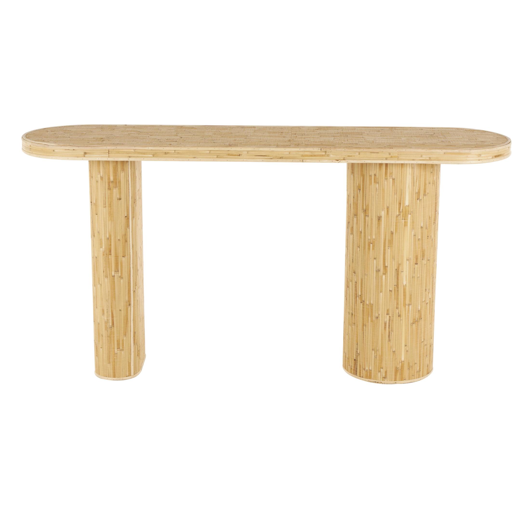 DecMode 64" x 32" Brown Rattan Handmade Textured Oval Console Table with Linear Wood Strip Design, 1-Piece