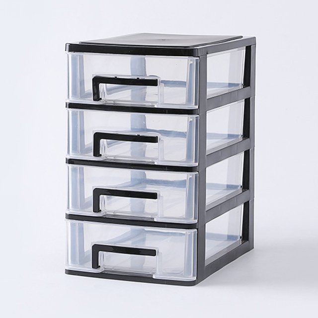 Drawer type storage organizer with 4 layers, featuring a black and transparent design. Made of durable PP plastic, this compact desktop storage box measures 21.1 x 15.2 x 25.2 cm. Ideal for organizing cosmetics, makeup tools, and jewelry, it includes pull-out drawers for easy access and a tidy dressing table.