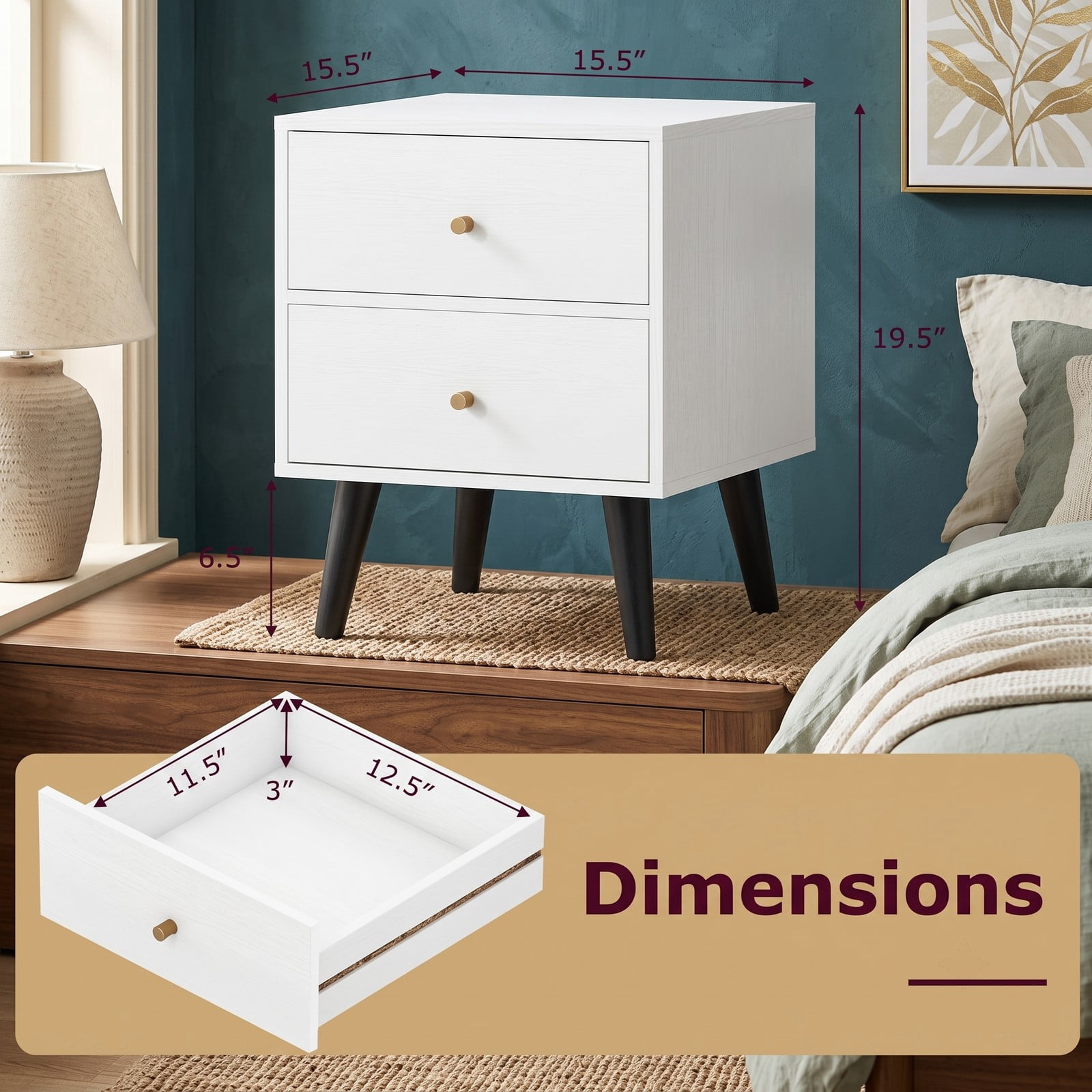 Furnibear Mid Century Nightstand with 2 Drawers and Golden Knobs and Tapered Legs for Bedside Storage in the Bedroom and Living Room, White