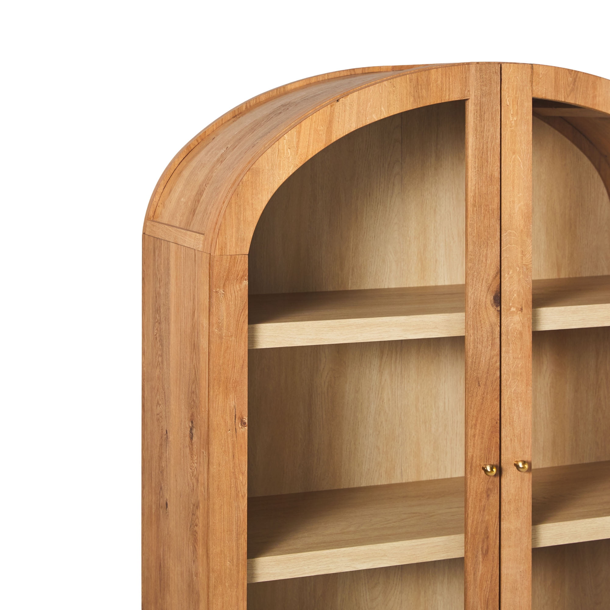 Walker Edison Modern Arched Bookshelf Tall Glass Door Cabinet with Inner Drawers, English Oak