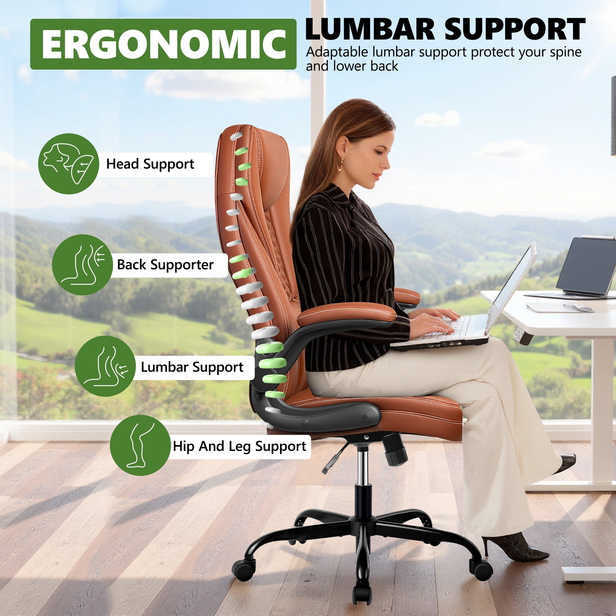 COOLHUT Big and Tall Office Chair, Executive Home Office Desk Chairs, Ergonomic Computer Faux Leather Desk Chair with Adjustable Flip-Up Arms, Lumbar Support Swivel Task Chair, Brown