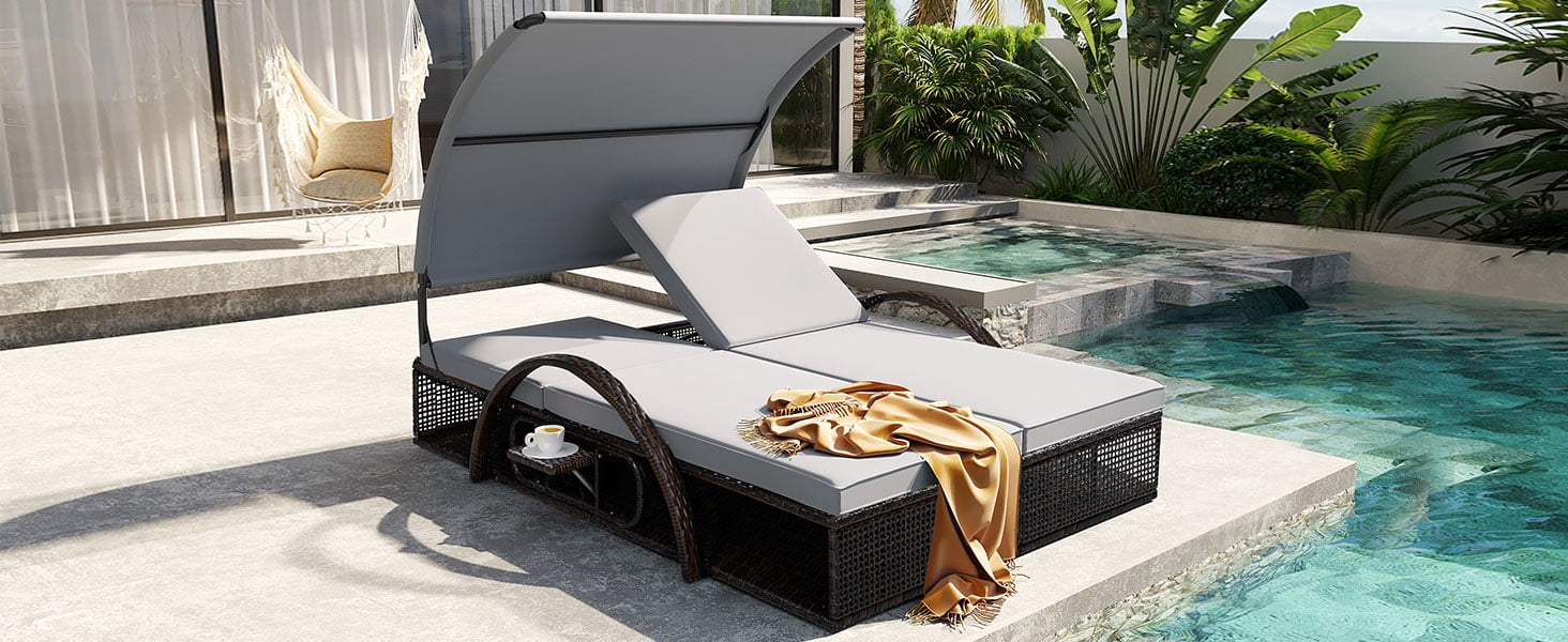 Mintazer 72.8" Outdoor Double Chaise Lounge with Adjustable Canopy & Pop-Up Side Table, Patio Double Sunbed with Arched Armrests for Patio Poolside, Brown & Gray