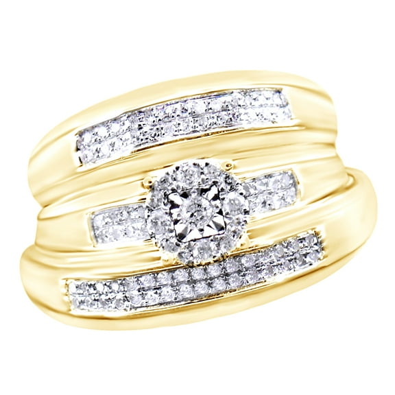 AFFY White Natural Diamond Wedding & Engagement Trio Band Ring Set In 10k Yellow Gold (0.35 Cttw)