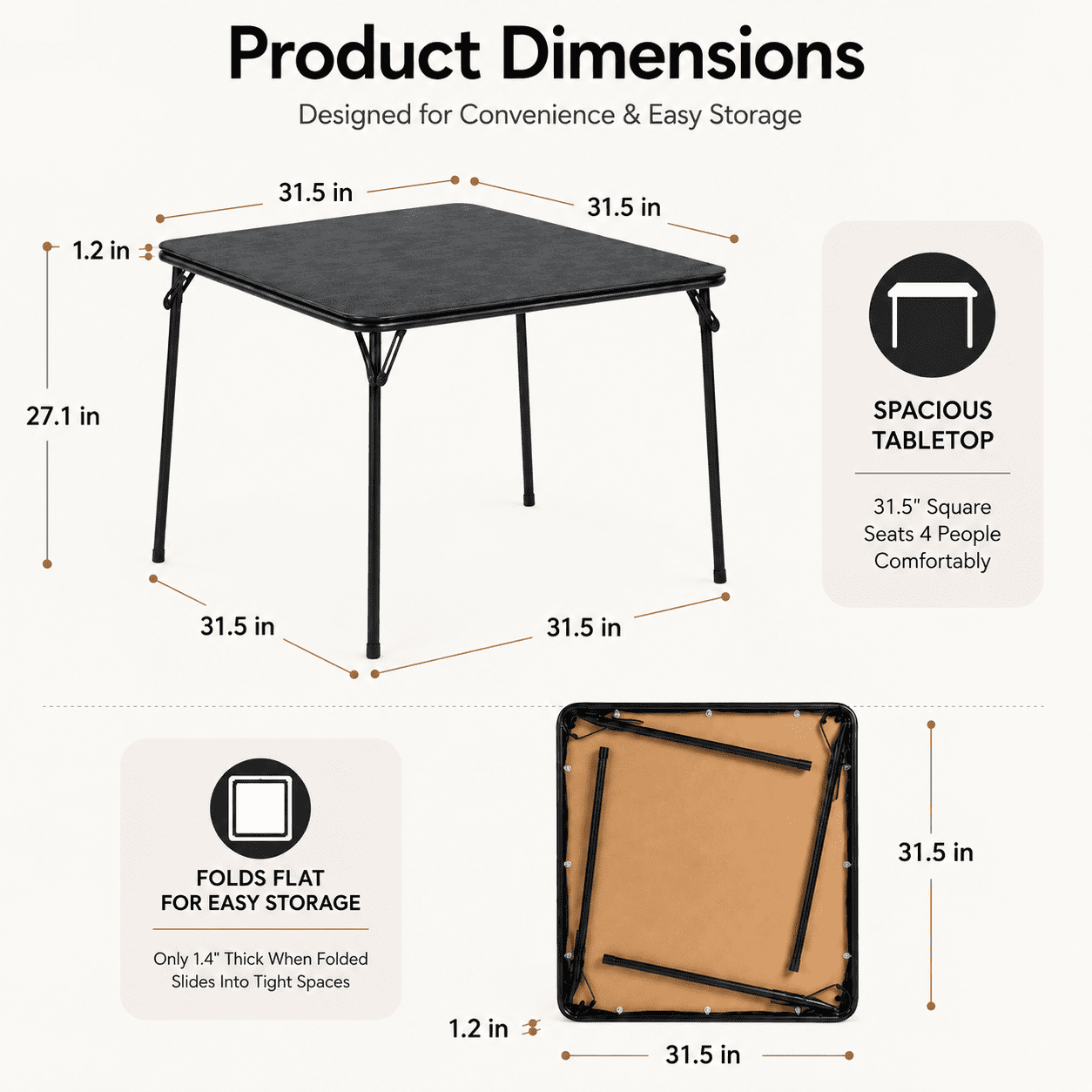 Homy Casa 31.5" Square Folding Card Table Portable Game Dining Table for Small Spaces Black