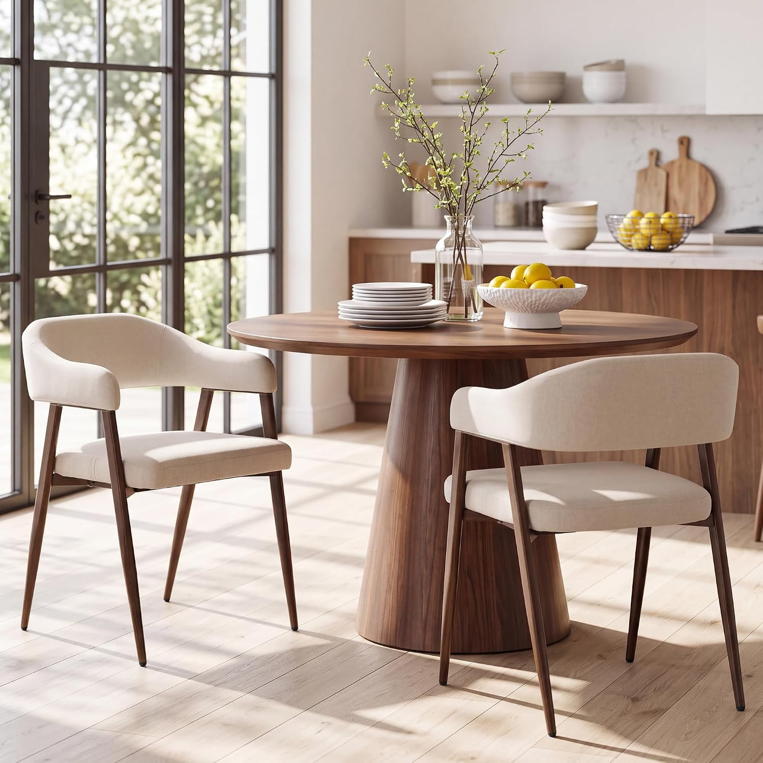 Modern Dining Chairs with Arms Set of 2 Beige Linen Upholstered Chairs | Mid-Century Dining Room Arm Chairs Curved Barrel Backrest Walnut Wood Grain Metal Legs Sturdy Chairs for Home Apartment