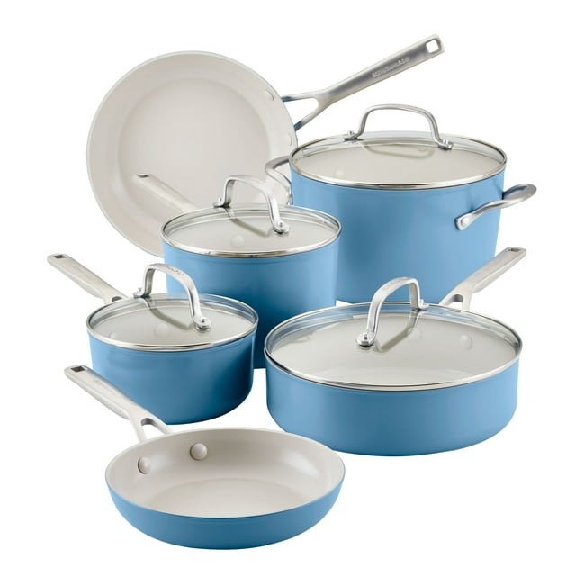 KitchenAid Ensemble de 10 Pcs de Batterie de Cuisine en Céramique Anodisée Dure - Velours Bleu