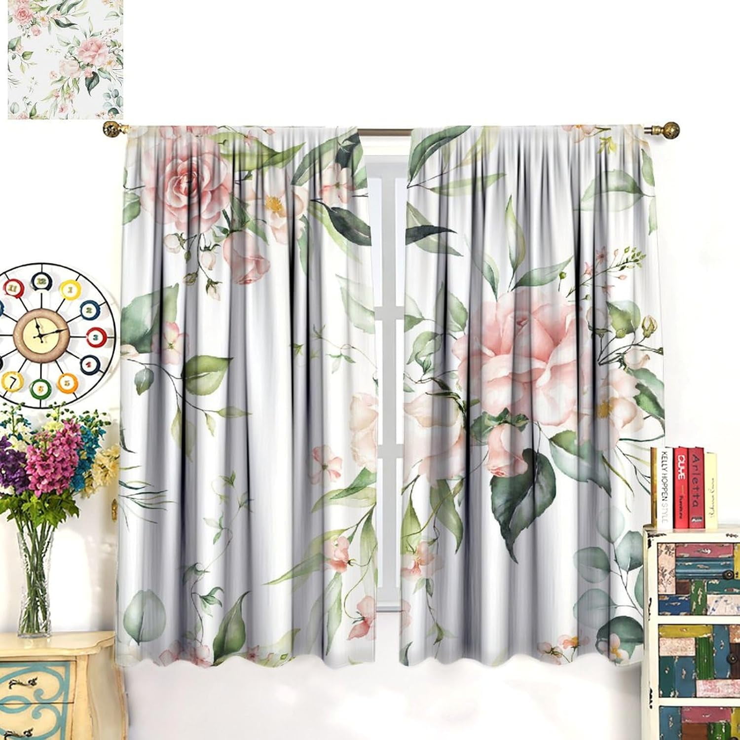 Rustic Flower Curtains Watercolor Pink Floral Green Leaves Natural Pattern Blackout Print Rod Pocket Window Drapes for Bedroom Living Room 42x54in