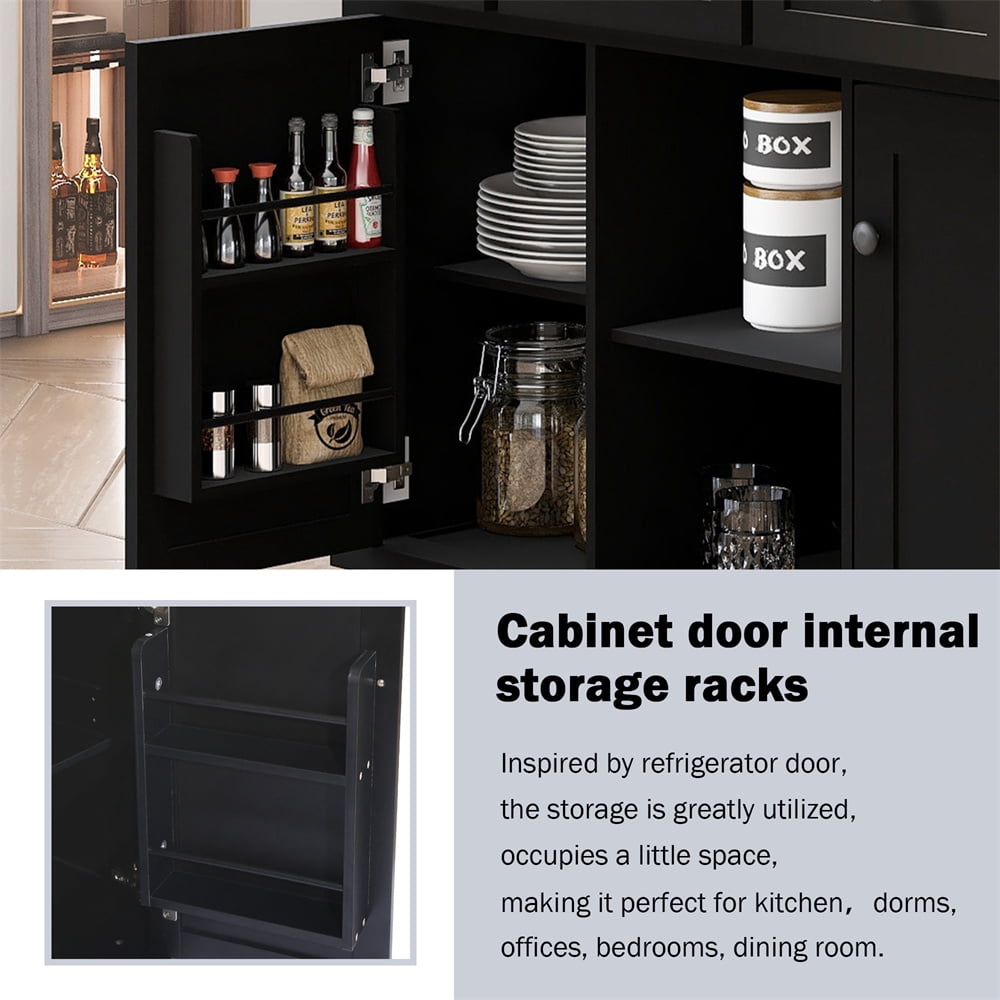 53.1" Kitchen Island Cart with Large Tabletop and Locking Wheels, Kitchen Trolley Cart with 4 Doors Cabinet & 2 Storage Drawers, Spice Rack & Towel Rack, Rolling Kitchen Island Cart, Black