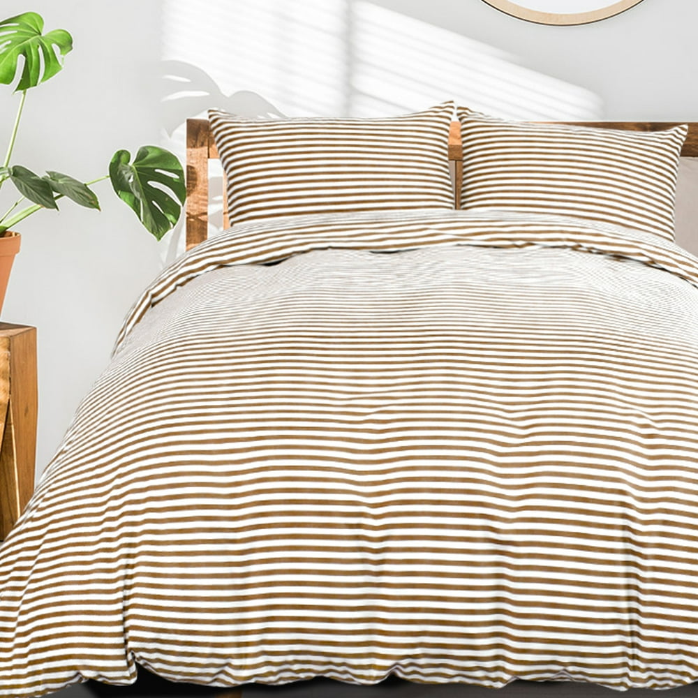 Brushed Microfiber Soft Comforter Cover Bedding Set with Stripes Khaki