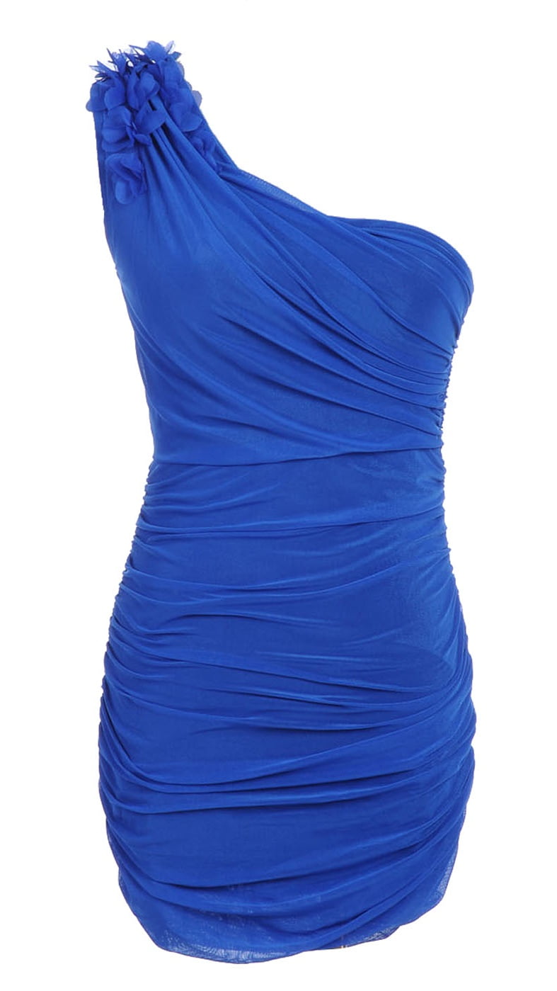 Feinuhan S/M Fit Blue Fluttery Floral Appliques All Over Ruched