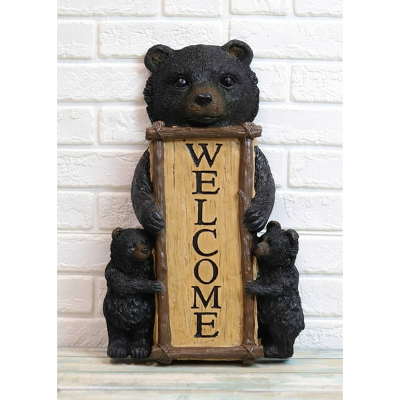 Plaque Murale de Bienvenue Familiale d'Ours Noirs, Maman et Oursons de la Forêt Rustique