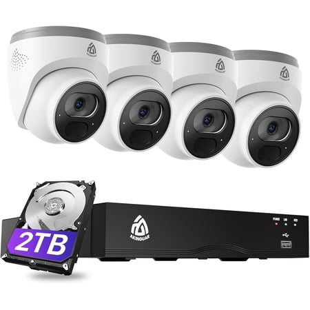 AKINGUAR Smart 4K Home Security Camera System 4pcs Wired PoE IP Cameras with Person/Vehicle Detection 8CH 4K NVR with 2TB HDD 2-Way Audio 100ft Night Vision 24/7 Recording