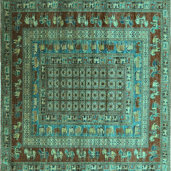 Ahgly Company Machine Washable Indoor Square Oriental Turquoise Blue Industrial Area Rugs, 3' Square