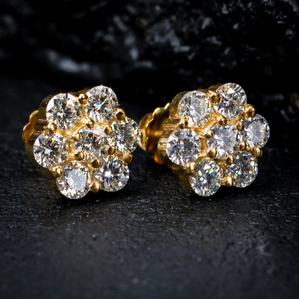 Large Flower Cluster 14k Yellow Gold Plated 925 Sterling Silver Screw Back Post Hip Hop  Circle Earrings