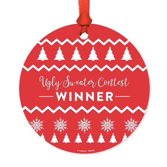 Funny Round Metal Christmas Ornament, Ugly Sweater Contest Winner, Includes Ribbon and Gift Bag