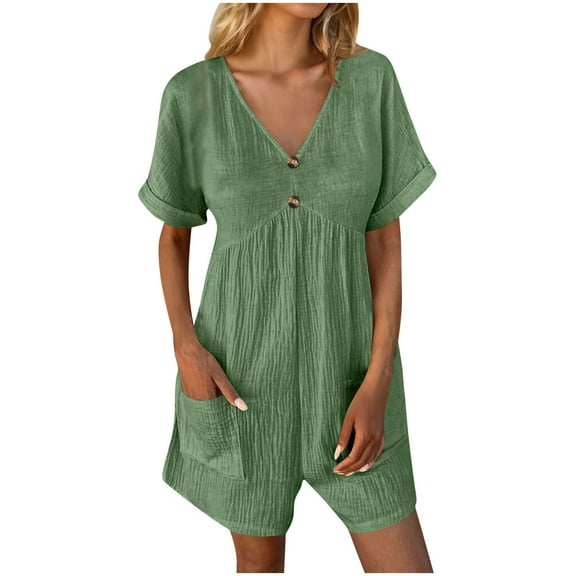 Jumpsuits for Women Casual Summer Linen Rompers for Women, 2025 Casual V Neck Short Jumpsuits with Pockets, Short Sleeve Comfy Beach Vacation Overalls Green L