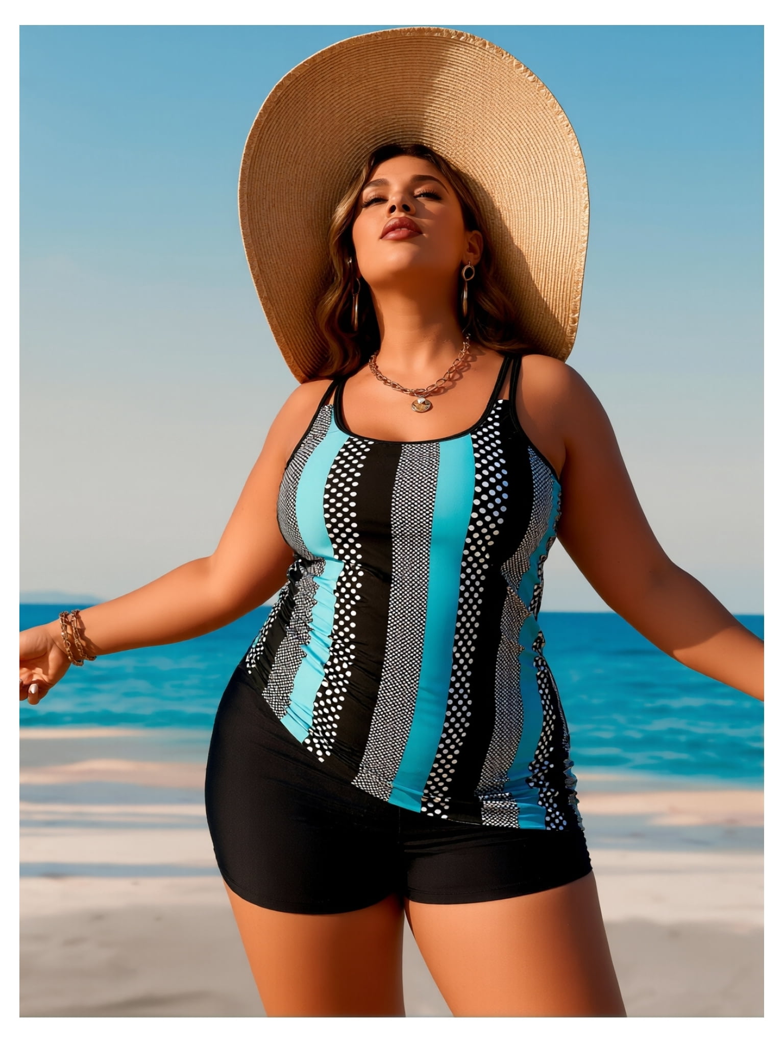 Two Piece Tankini Swimsuit with Swim Shorts and Modest Tummy Coverage