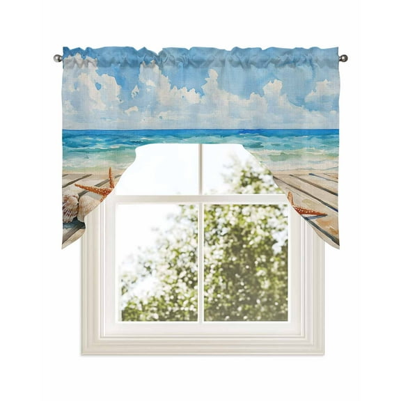 Summer Beach Kitchen Curtains Swag Valance for Windows/Bathroom/Cafe, Coastal Starfish Seashells Ocean Blue Sky Rod Pocket Drape Panel Swag Curtains Valance for Bedroom/Living Room 56"x36"