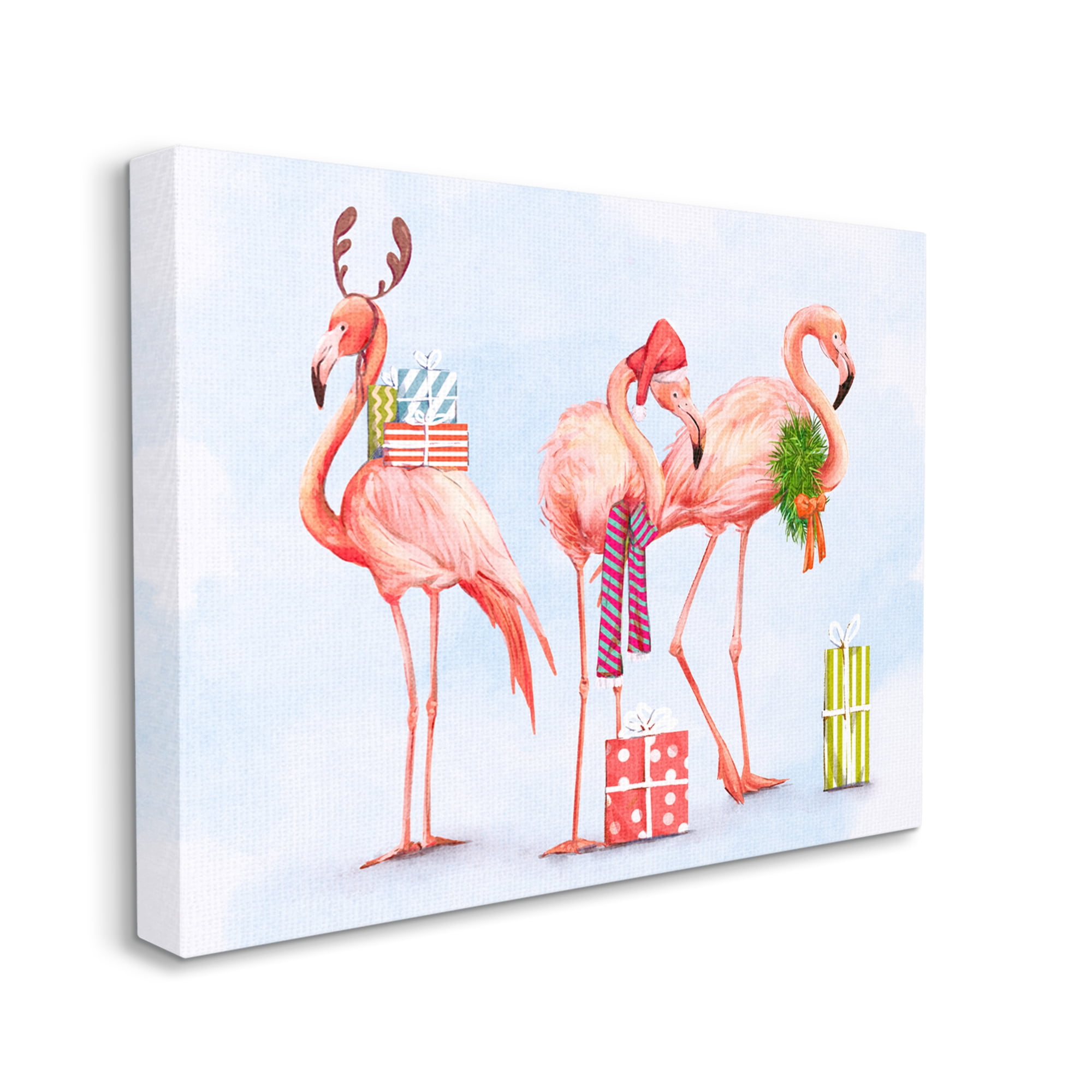 Gift Giving Pink Flamingos Charming Holiday Birds Coastal Painting Gallery-Wrapped Canvas Print Wall Art