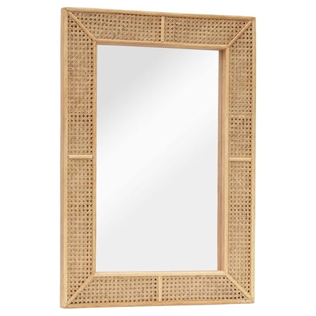 Wooden and Rattan Mirrors, Boho Rectangle Wall Mirror for Living Room, Bedroom, 37.8''