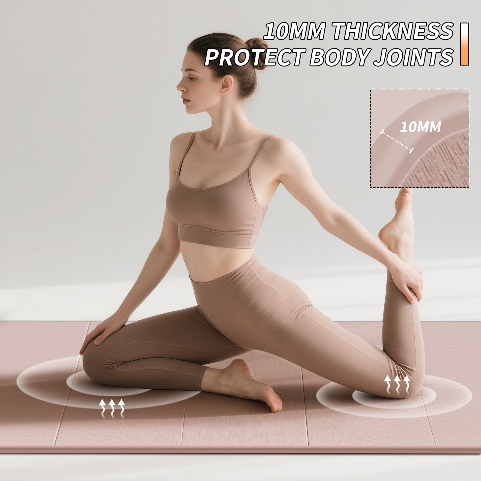 BAIMA Stretching Foldable Yoga Mat 10mm Thick,Workout Mats for Home Gym,Pilates,Quick Unfold/Stor,Non-Slip Surface,3.5lbs(Apricot)