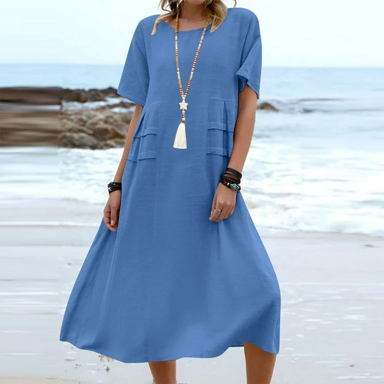 chinese dress ladies Cotton Linen Sun Dresses for Older Women Casual Loose Comfy V Neck Short  Sleeve Linen Maxi Dress Summer Lightweight Gauze Flowy Maxi Dresses Tea  Length Tshirt Dress Beach Vacation Outfits 2025 at main image 1