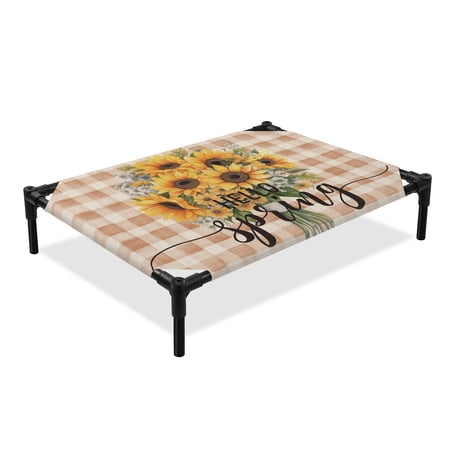 Hello Spring Elevated Dog Bed Yellow Sunflowers Brown Plaid Cooling Breathable Outdoor Raised Dog Cot Bed with Metal Frame Non-Slip Feet for Large Dog 28x22in