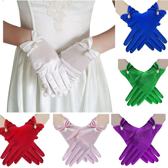 Dalrosia Satin Wedding Gloves Pearl Bridal Gloves Evening Party Wrist Length Gloves for Women and Girls