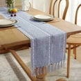 thumbnail image 1 of XINQIHANG Farmhouse Table Runner Rustic Style 13\u201c x 60\u201d, Braided Striped Linen Fall Table Runner 60 Inches Long with Tassels for Dining Room Kitchen Reading Dresser Décor,Blue, 1 of 7