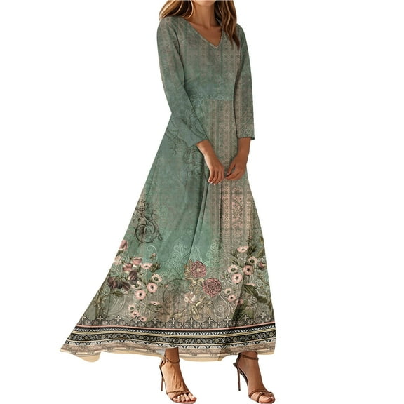 WTOBBY Women's Vintage Floral Print V-Neck 3/4 Sleeve A-Line Beach Dress, Waisted Midi Sundress with Casual Flowy Skirt for Vacation,Army Green L