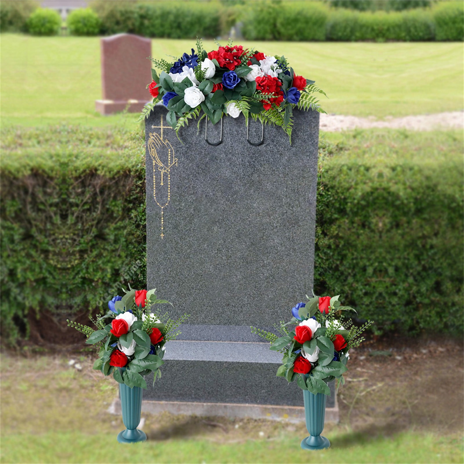 Cemetery Saddles for Headstones Patriotic Cemetery Saddle Flowers Red White and Blue Rose Arrangement with Flags, Artificial Memorial Floral Saddle for Gravesite Outdoor Decoration Durable Design