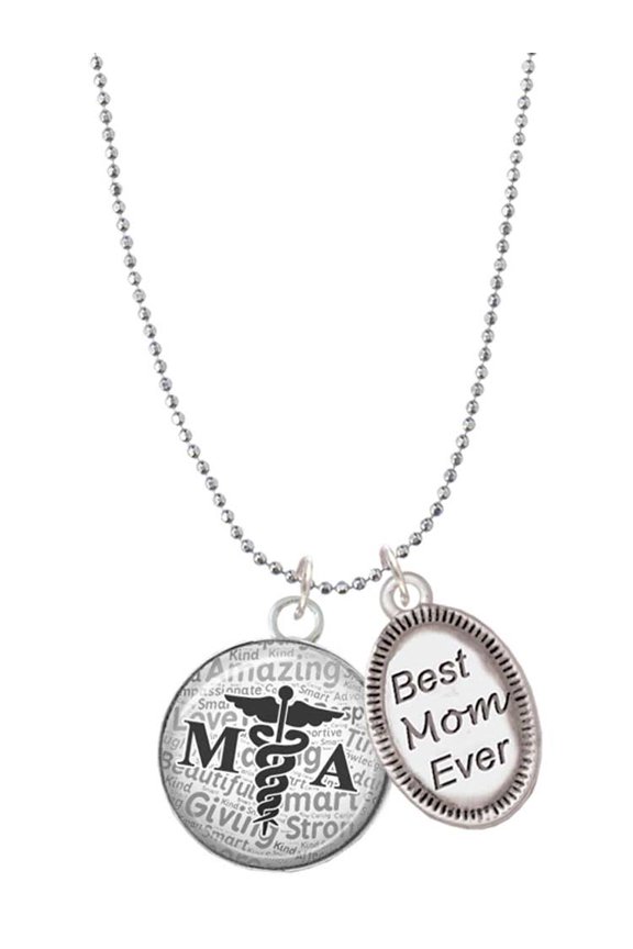 Silvertone Domed Black MA Best Mom Ever Charm Necklace