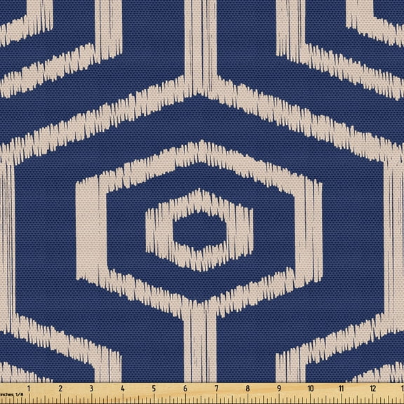 Ambesonne Ethnic Fabric by the Yard Upholstery, Folk Art Ikat Pattern Zigzag, 1 Yard, Navy Blue and Eggshell