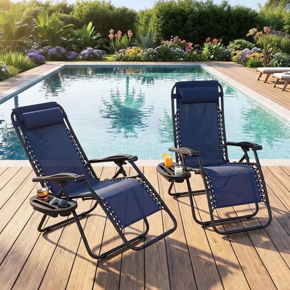 Zero Gravit y Lounge Chairs Set of 2,Patio Recliners with Cup Holder Pillow Heavy Duty Mesh Outdoor Pool Beach Lawn Chairs Backyard Patio Camping