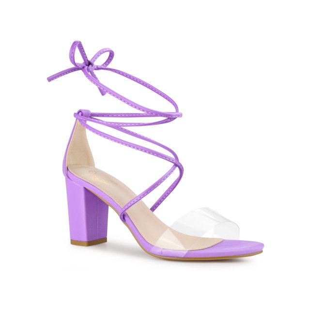 BLISSFUL STEP Women Lace Up Clear Strap Block Heels Sandals Lavender 10