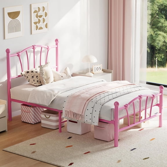 Twin XL Platform Bed Frame Heart-Shaped Headboard No Box Spring Needed Noise-Free Girls Bedroom