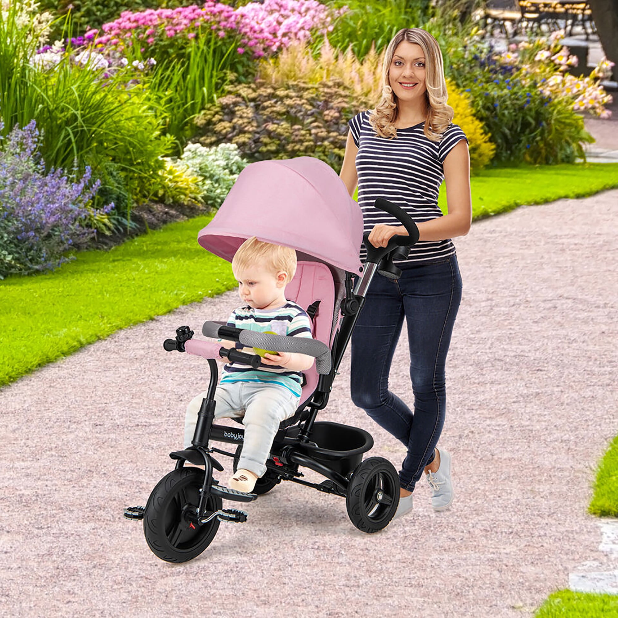 Gymax 4-in-1 Baby Tricycle Toddler Trike w/ Reversible Seat Canopy & Push Handle Pink