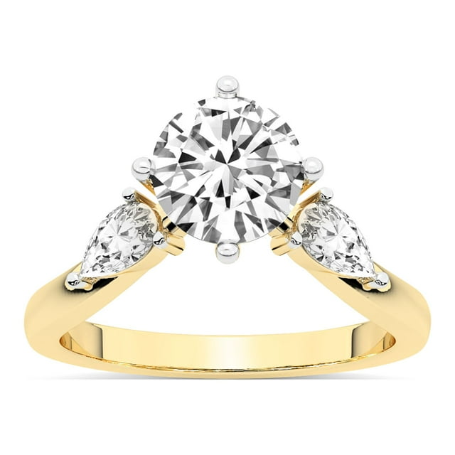 2 Carat IGI Certified Round Shape Lab Grown Diamond Engagement Ring | 14K Yellow Gold | Joella Three Stone Chevron Diamond Ring | FG-VS1-VS2 Quality Friendly Diamonds