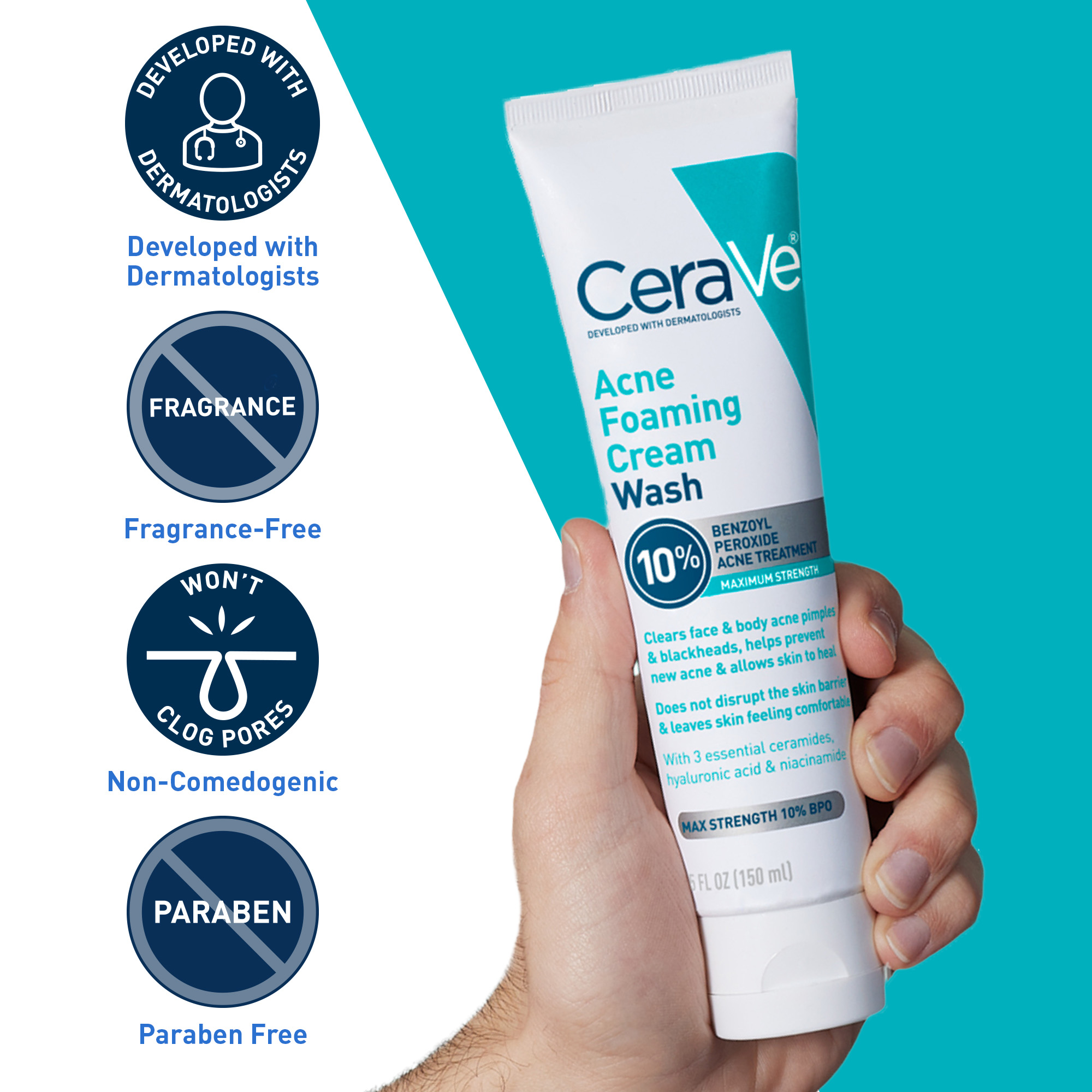 CeraVe Acne Foaming Cream Face Wash, 10% Benzoyl Peroxide, 5 fl oz photo 4