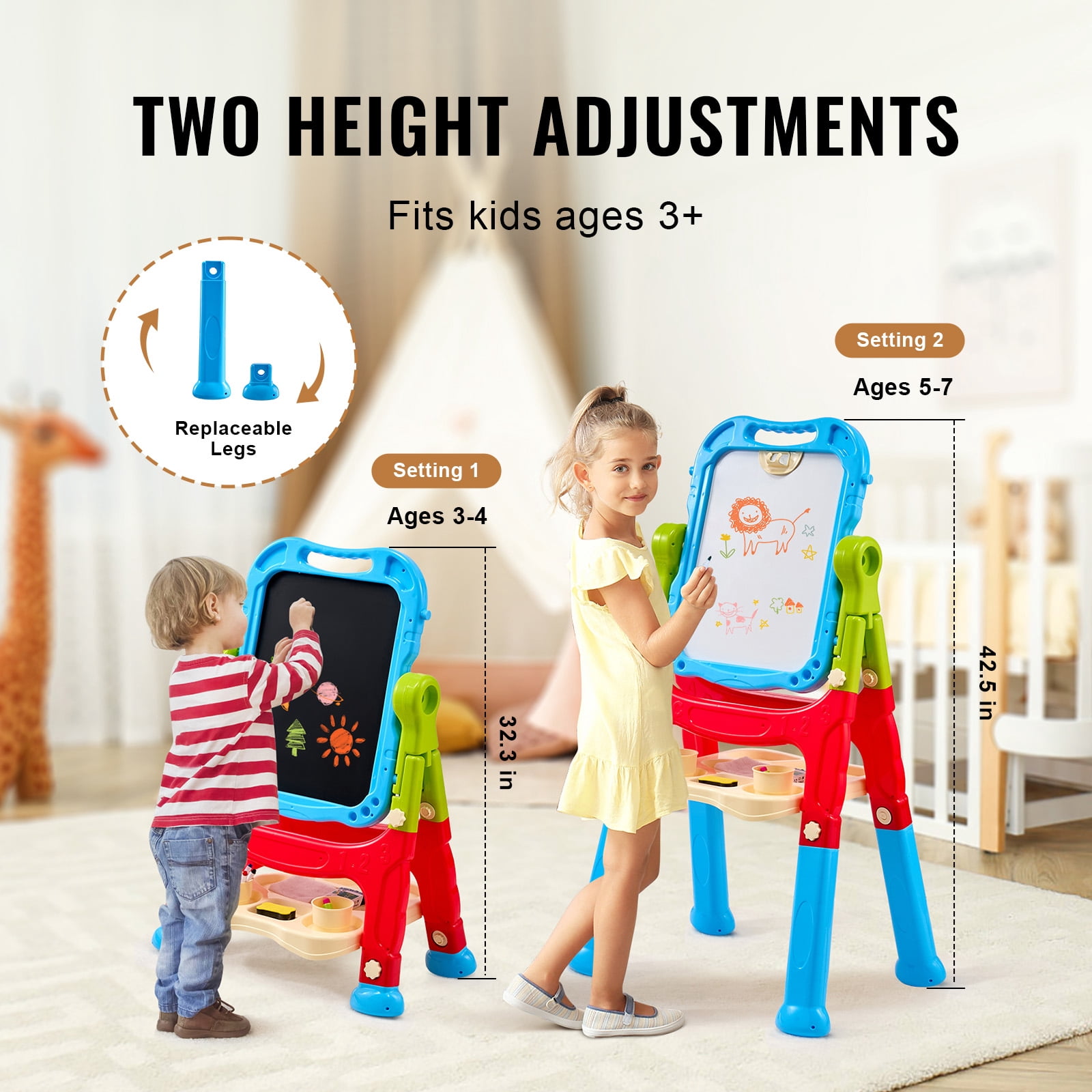 VEVOR Art Easel for Kids, 2-in-1 Double-Sided Kides Art Easel with Magnetic Whiteboard & Chalkboard, Adjustable Standing Rotatable Removable Drawing Board with Painting Accessories for Boys and Girls