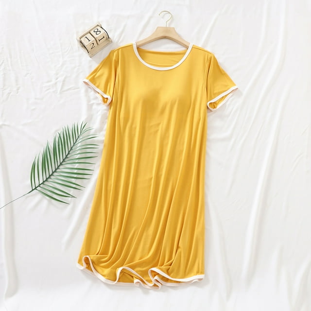 Sakmal Modal Moomoo Chemises de Nuit Femmes Ultra Douces et Confortables Robe de Nuit Jaune Longue Col Rond Manches Courtes Chemises de Nuit Unies M-2TG